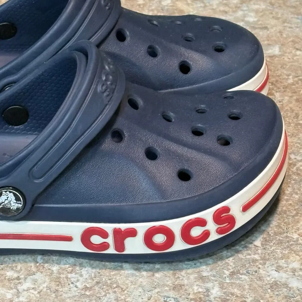 Crocs Navy Blue Banded Platform Red White Slip on Clog Shoes Size 13 Children's